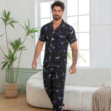 跨境新品亚马逊男家居服套装可外穿舒适简约短袖长裤睡衣男外贸