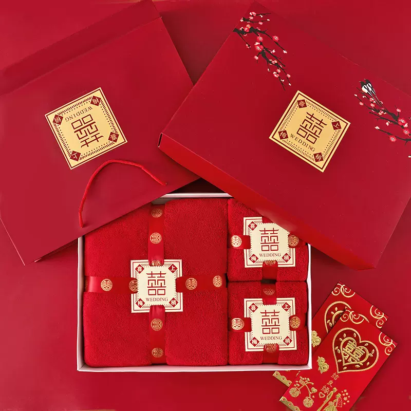 珊瑚绒结婚红小熊毛巾陪嫁毛巾喜庆礼盒装婚礼伴手礼吸水毛巾批发