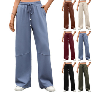 Amazon European and American Cross-Border Export 2025 Autumn and Winter New Pure Color Elastic Waist Drawstring Flap Pocket Pants Wide-Leg Pants for Women