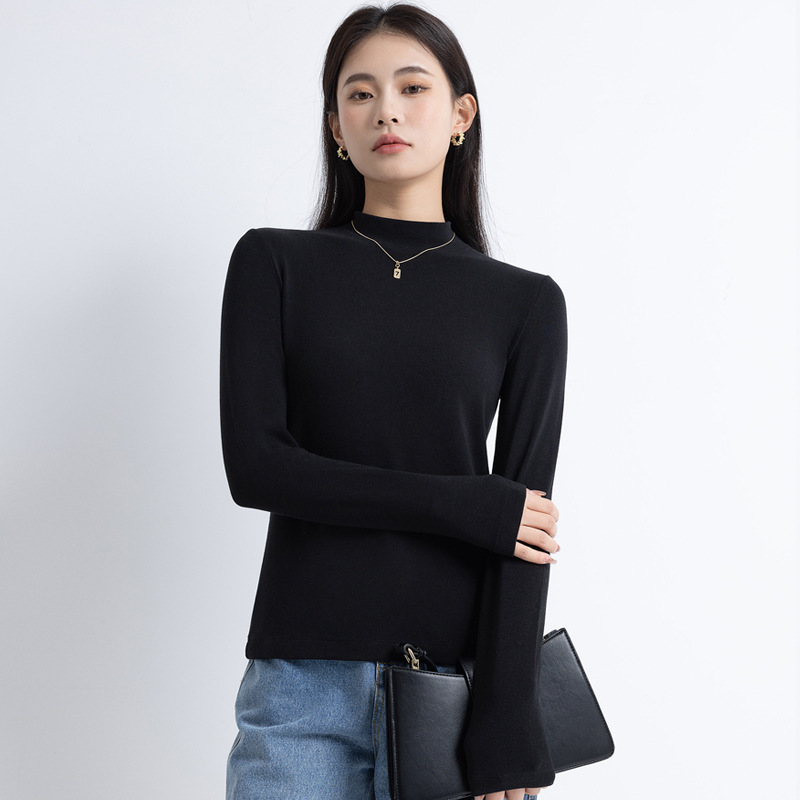 스레드 코튼 고탄성 하프 터틀넥 긴소매 블랙