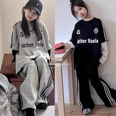 女童春秋季套装韩版中大儿童假两件长袖休闲阔腿裤美式女孩两件套