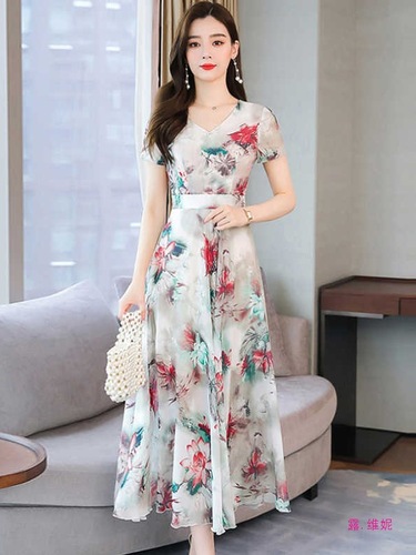 Floral Dress 2025 Summer Belly Covering Slimming Elegant Youthful Medium Length Large Swing Dress