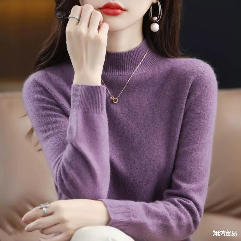 Свитер женский 100 кашемировый полувысокий воротник 2024 осень-зима новый свободный свитер дикая шерстяная вязаная нижняя рубашка
