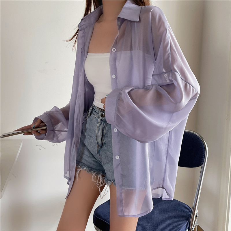 112g Weight Long Sleeve Sleeve Length Single Breasted Placket Type Shirtsleeve Sleeve Type Polyester, Chiffon Fabric Type Regular Top Length Cardigan Tops Type Holiday Occasion Shirt Collar Neckline Loose Fit Type Solid Color Pattern Summer, Spring Season Women's Gender Casual Style Wholesale Women's Casual Solid Color Long Sleeve Blouses 62