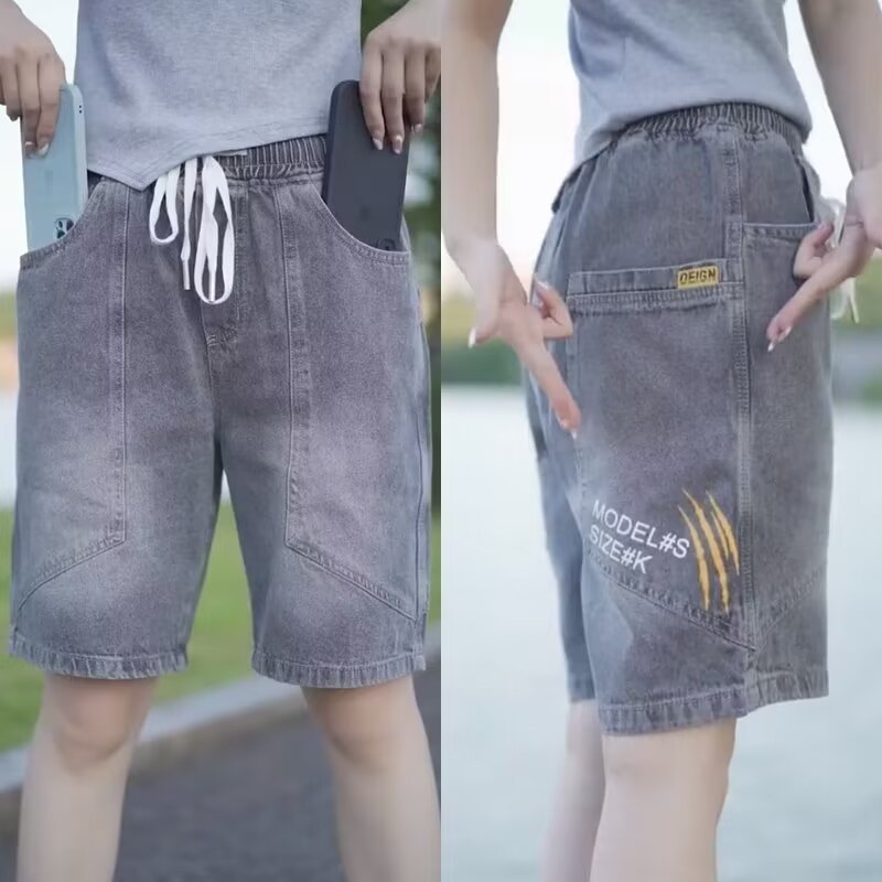Ropa de trabajo pantalones cortos de mezclilla pantalones casuales de alta gama sueltos de verano para hombres pantalones de cinco puntos guapos de marca de moda retro lavados