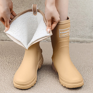 Rain Shoes Women's Autumn and Winter New fleece-lined Integrated Thickened Warm Cotton Rain Boots Mid-high Non-slip Waterproof Women's Water Shoes
