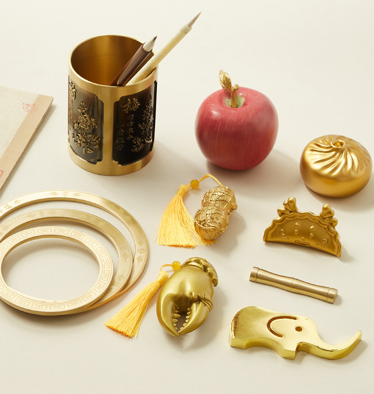 精工黄铜笔筒复古桌面办公室摆件黄铜笔筒文房器具新中式商务礼品详情2