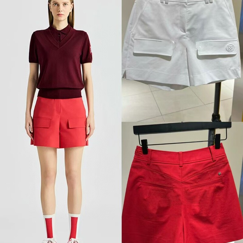 Summer New Korean Golf Clothing for Women, Fashionable Casual Pleated A-Line Shorts in White and Red Summer New Korean Golf Clothing for Women, Fashionable Casual Pleated A-Line Shorts in White and Red