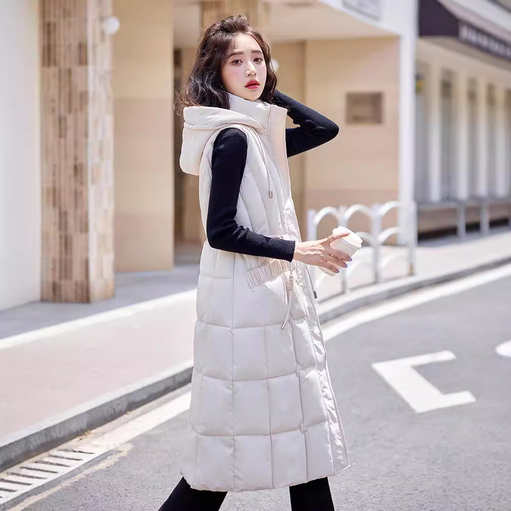 Alergar el chaleco de algodón sobre la rodilla para mujeres 2024 otoño y invierno nuevo chaleco de hombro de cintura de moda versátil abrigo grueso de moda