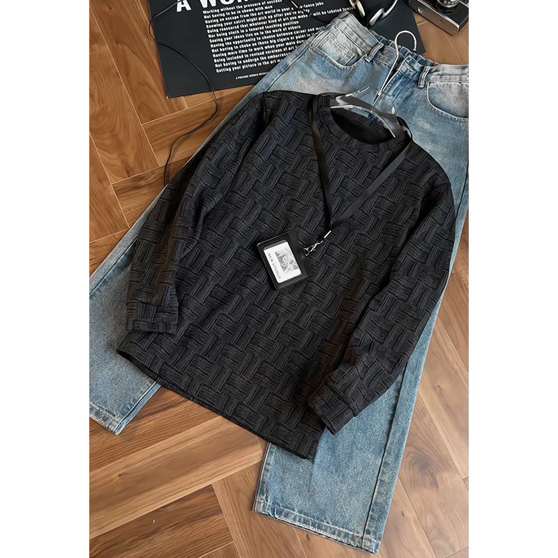 Textured Plaid Heavyweight Sweatshirt For Men, Spring Trendy Brand, Stylish And Sophisticated Long-sleeve T-shirt,_voghion.com