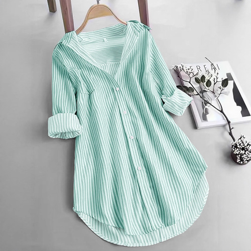 European and American women's clothing, classic striped top loose casual long-sleeved shirt striped