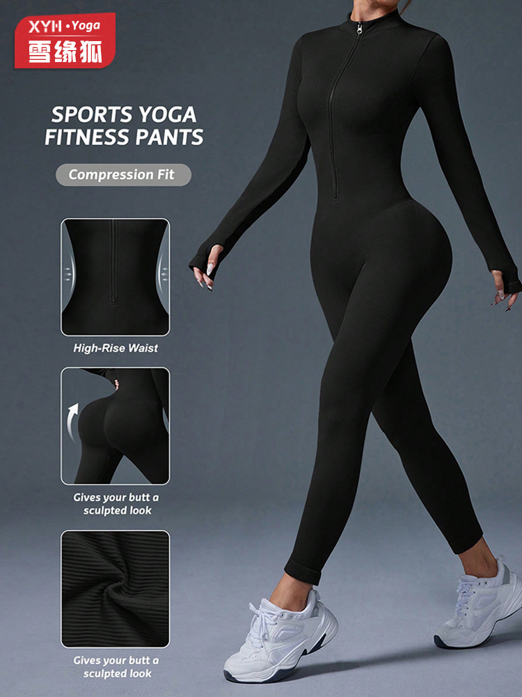 Otoño y invierno de Europa y los Estados Unidos ropa deportiva unida de yoga con cremallera de cuello vertical de manga larga agujero de pulgar pantalones abdominales