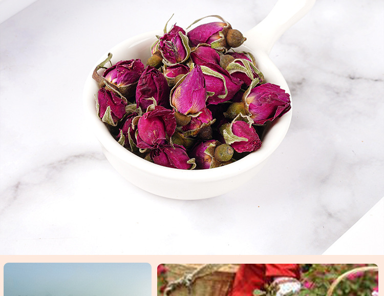 Pingyin Purple Rose Tea (Rosa rugosa) — Sulfur-Free Dried Rose Buds, 50g Jar in use