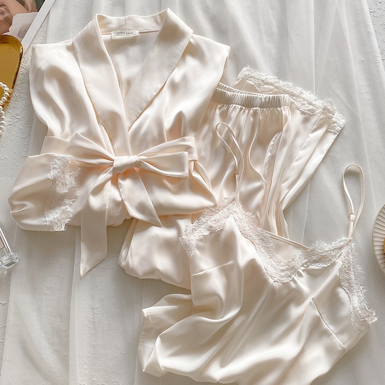 真丝睡衣女春夏秋款桑蚕丝莼色吊带长裤睡袍三件套家居服薄款|undefined