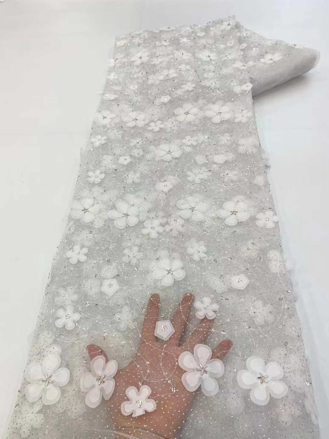 Tela de encaje de flores tridimensional con cuentas ropa infantil fresca vestido de hadas tela de encaje bordado JX3429