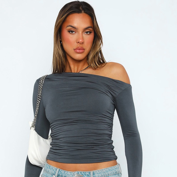 Transfronterizo Amazon europeo y americano de las mujeres de hombro asimétrico de color sólido ombligo superior de manga larga Sexy Slim temperamento camiseta image 1