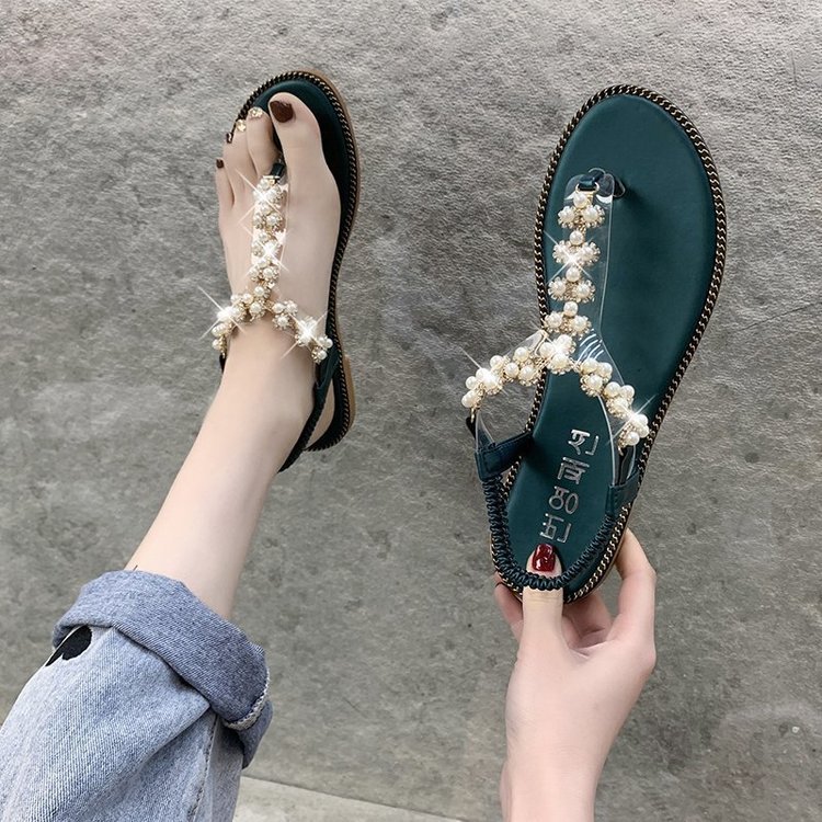 2021夏季新款韩版平底凉鞋女T型串珠夹趾松紧带套脚沙滩凉鞋批发