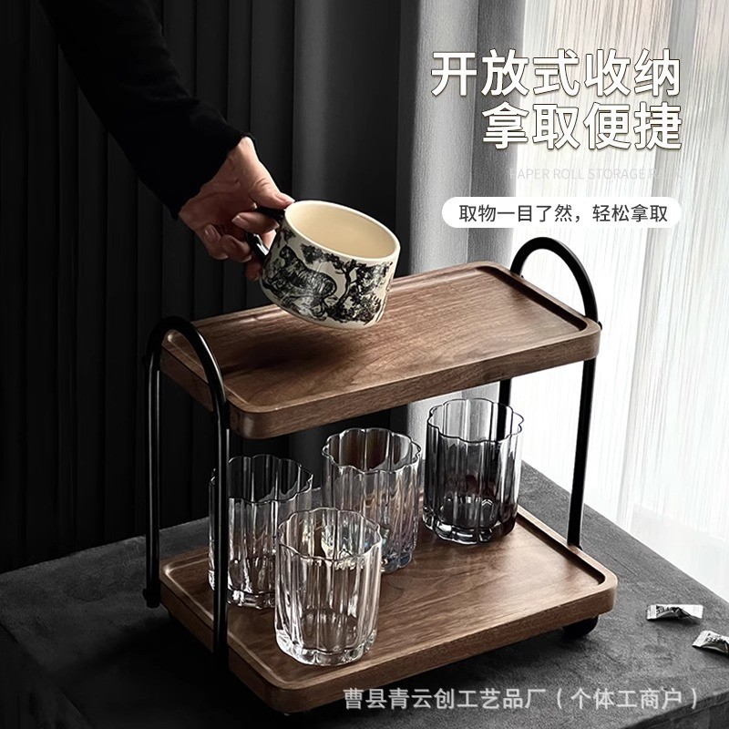 Spot Wooden Double-Layer Storage Rack Retro Desktop Coffee Cup Tea Kitchen Storage Rack Glass Cup Rack Tea Set Rack