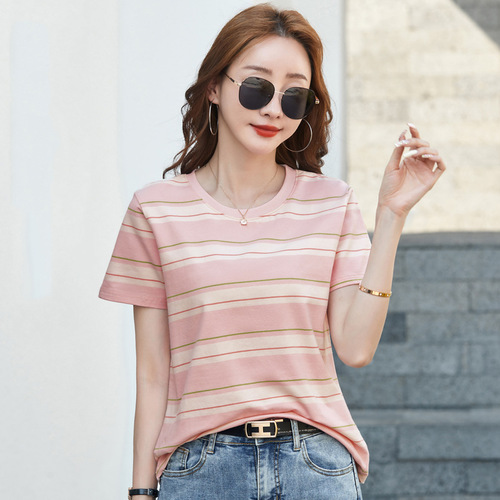 499 Summer new striped large size loose short-sleeved women's T-shirt round neck Japanese and Korean casual versatile top