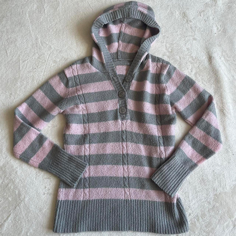 Cross-Border Yabi Retro Stripesd Knitwear Y2K Women's High-End Fashion Ins Style Hooded Casual Knitted Top