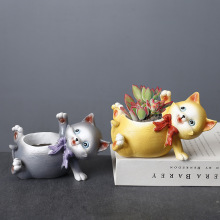 供应跨境卡通动物树脂猫花盆桌面盆栽阳台园艺创意多肉花器小花盆