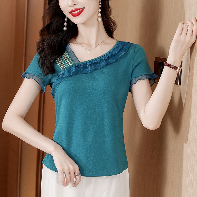 Retro ethnic elegant summer fashionable blue short sleeve T-shirt