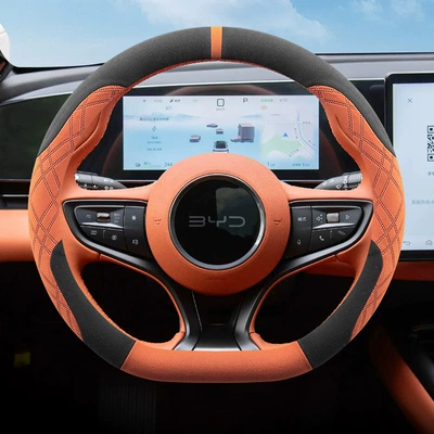 2025 Byd Seal Self-Driving Version Steering Wheel Cover Suede Ultra-Thin Anti-Slip Sweat-Absorbent Handlebar Cover for Winter (Steering wheel cover) - byd-seal-type-d-black-orange-ultra-thin-suede-style-default