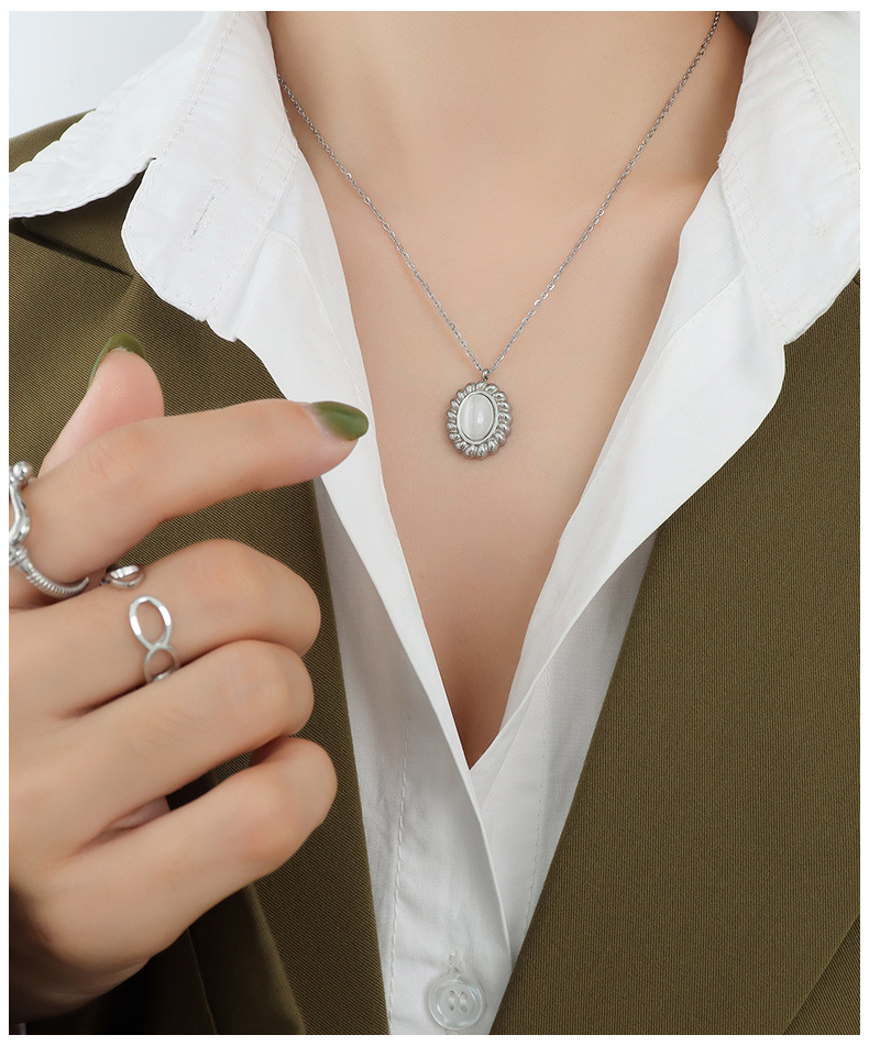 Geometric Pattern European And American Ins Ornament Opal Pendant Necklace Ear Stud Earrings Titanium Steel Set Female For Girlfriends F554-p098