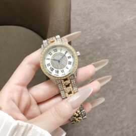 时尚间金镶钻石英腕表复古罗马数字拼色链条表带个性手表一件代发