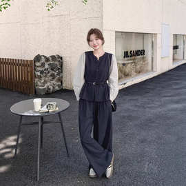 气质轻熟风马甲拼接衬衫套装女秋季2026年新款高级感阔腿裤两件套