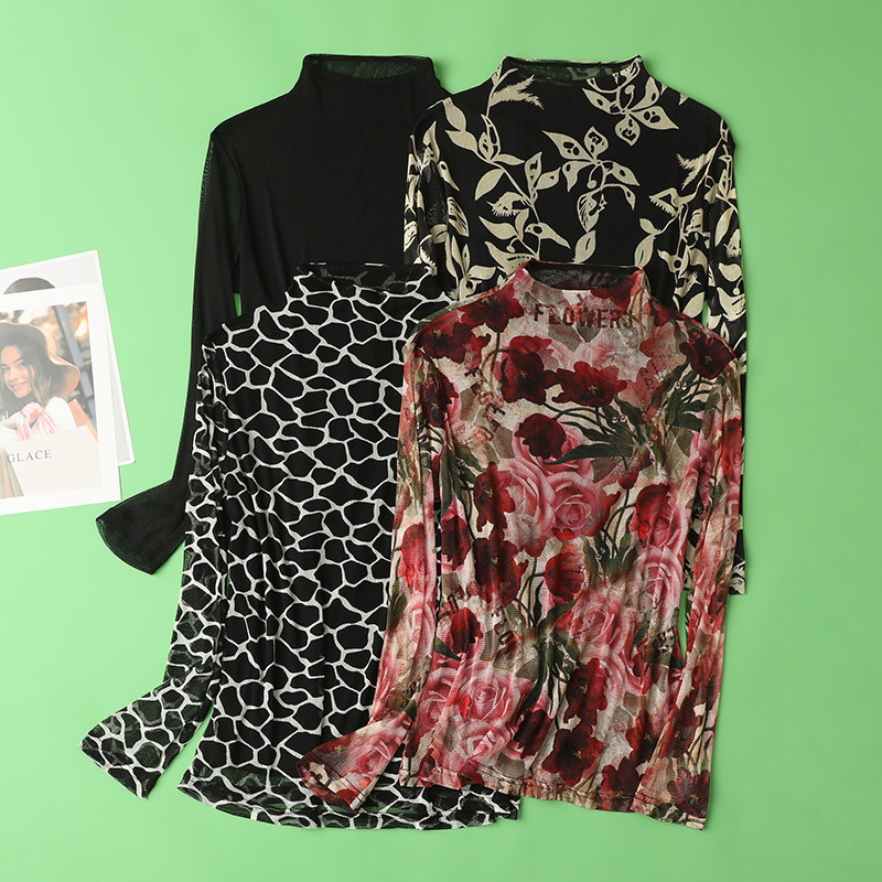 100% Mulberry Silk Mesh Silk Knitted Printed Semi-high Collar Small Vertical Collar Long Sleeve Base Shirt Top Thin for Women