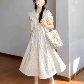 四面弹大码女装学院风娃娃领连衣裙夏季茶歇法式初恋仙女碎花长裙