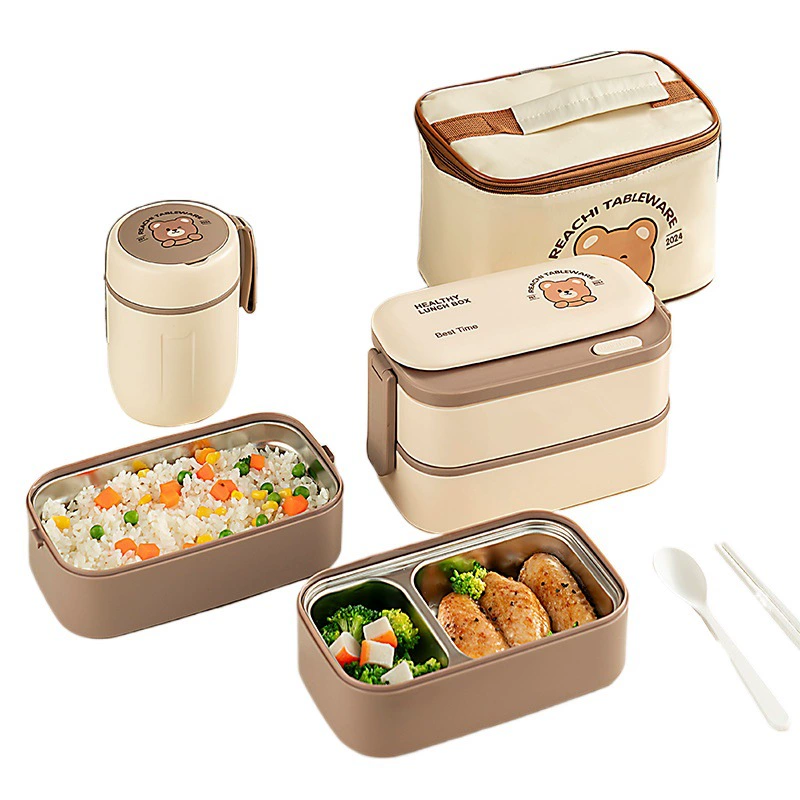 Cute double-layer thermos for elementary school students stainless steel, lunch box, dinner plate