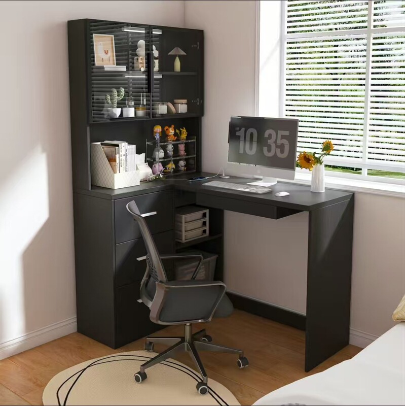 Cross-Border E-Commerce Foreign Trade Computer Desk with Glass Cabinet and Built-In Led Lights, Corner L-Shaped Office Desk