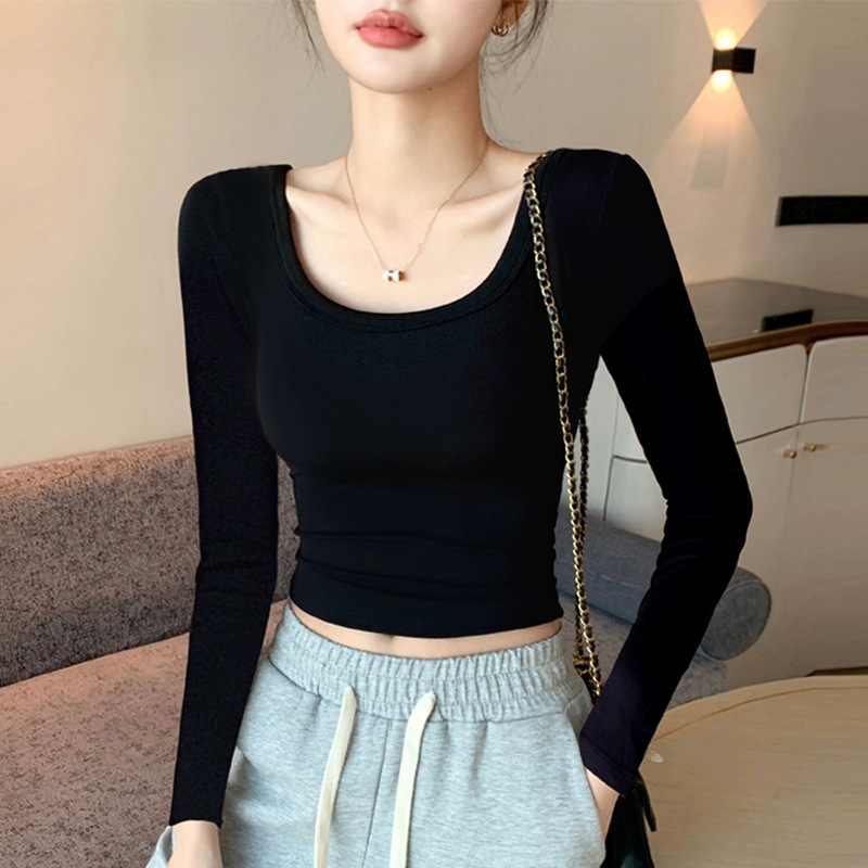 Black U-Neck Short Crop Top for Women, Slim Fit, High-Waisted, Low-Neck, Long-Sleeve T-Shirt for Spring and Autumn 2026