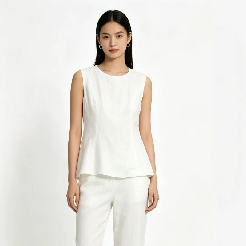 Fn6032 New Style Women's Summer Round Neck Sleeveless Linen Top, Elegant Casual Top