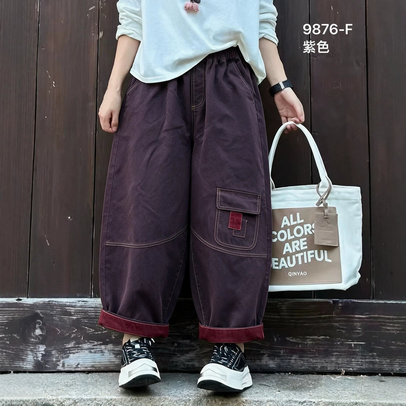 2026 Autumn New Style Vintage Solid Color Patchwork Pocket Cotton Pants Loose High-Waisted Elastic Waist Straight-Leg Pants for Women 2026 Autumn New Style Vintage Solid Color Patchwork Pocket Cotton Pants Loose High-Waisted Elastic Waist Straight-Leg Pants for Women