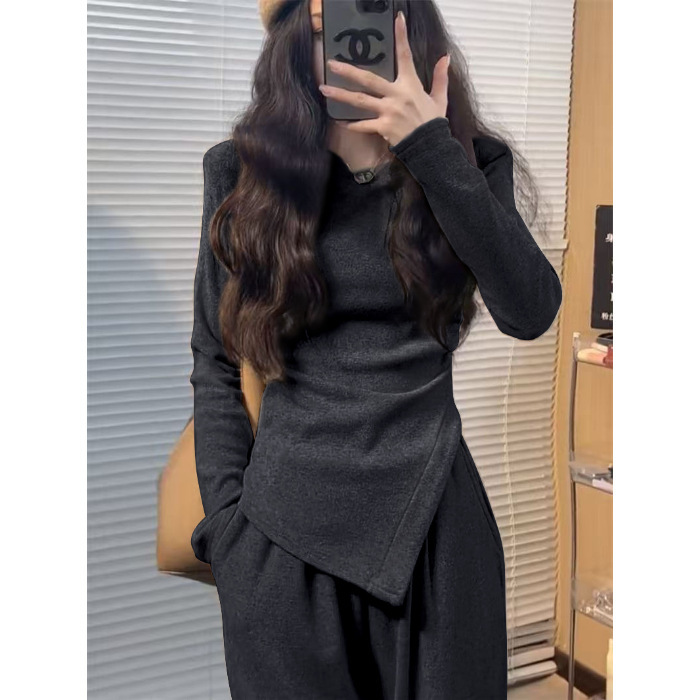 不规则纯色修身上衣女时尚百搭套装女春秋高腰阔腿长裤休闲两件套|undefined