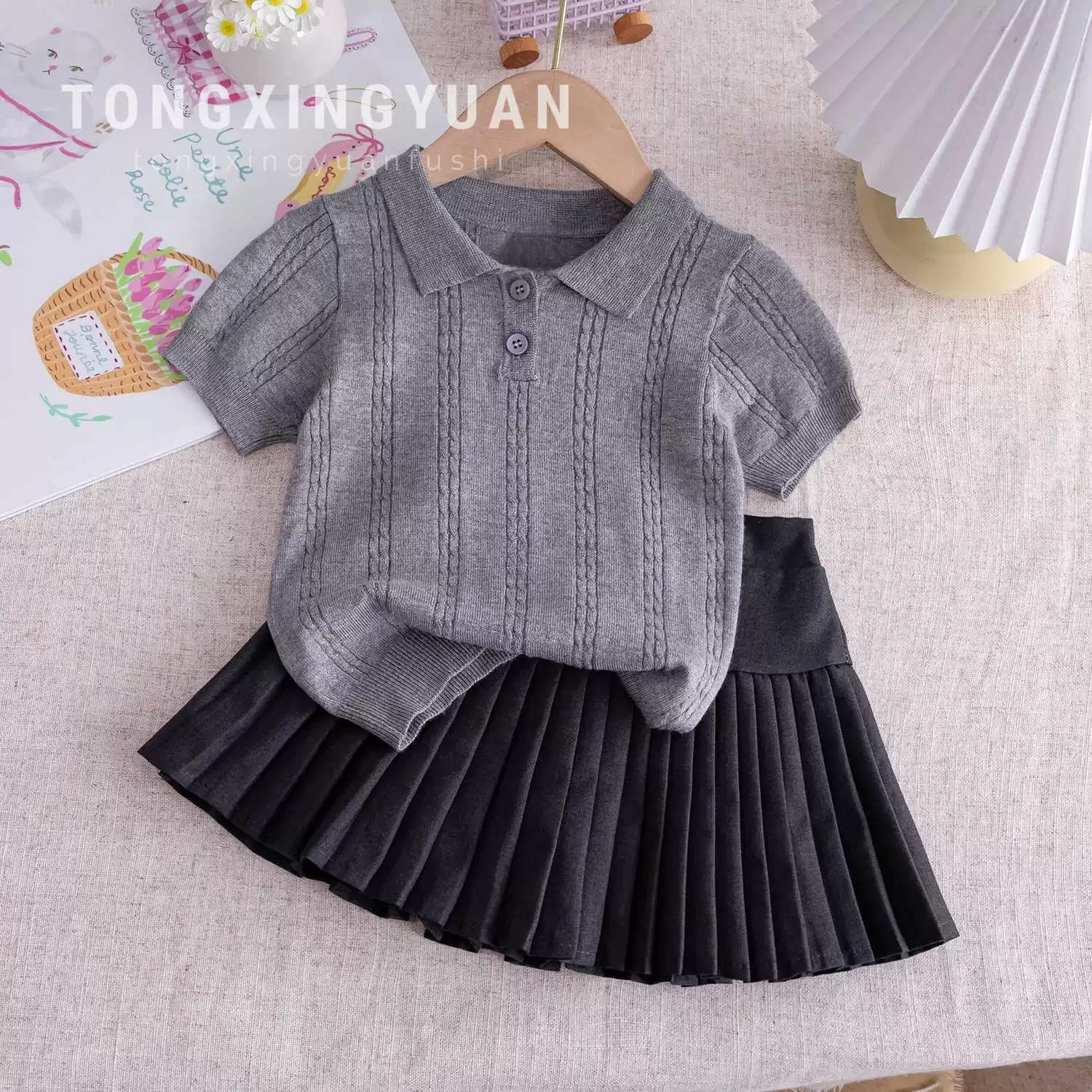 Детский летний комплект, цветное поло для девочки, футболка, pleated skirt, западный стиль