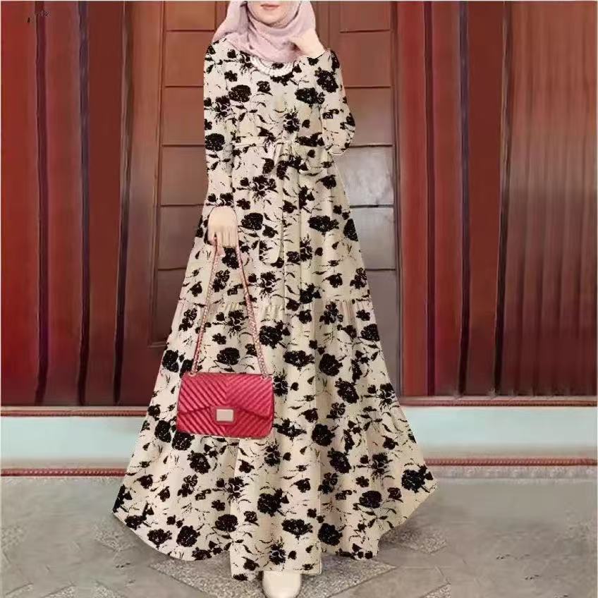 2025法式复古碎花长袖连衣裙女装春季新款赫本风方领收腰显瘦中长