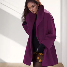 欧码女士时尚百搭秋冬中长款多色外套宽松连帽毛呢大衣休闲