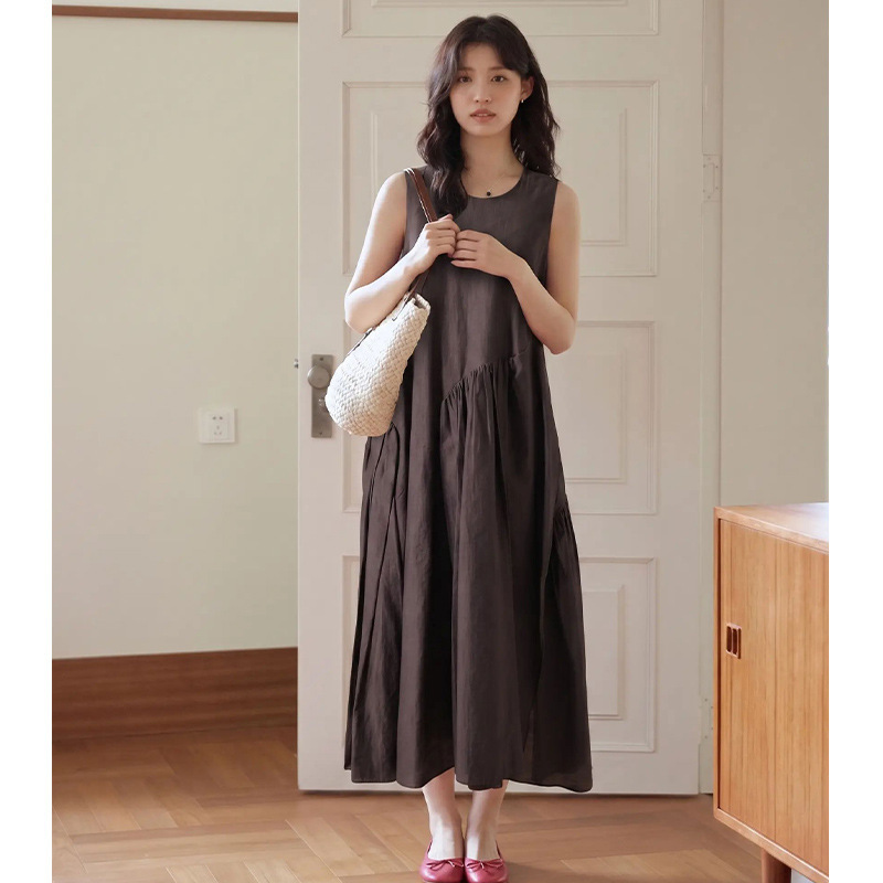 【Jiang*Order】Summer Sleeveless Dress with Irregular Pleats, Loose Fit, Large Hem, Artistic and Casual Long Tank Dress