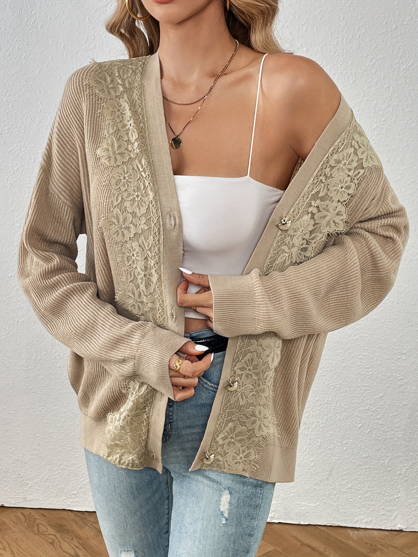 ​​Sexy Knit Cardigan Set – Chic Open-Front Acrylic Sweater With Lace Trim (Khaki, S/M/L)​​_voghion.com