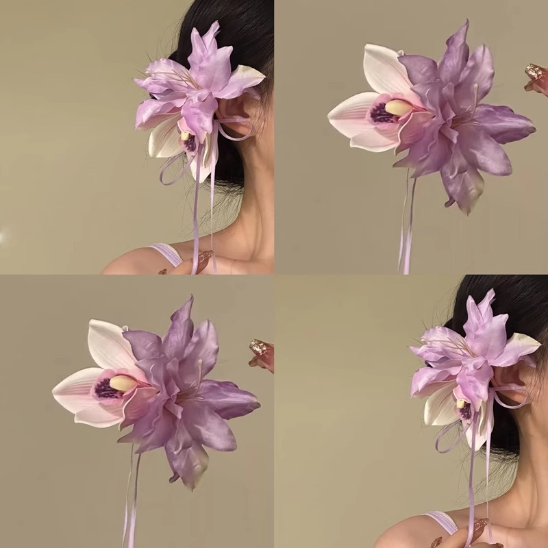 2025 spring and summer temperament sweet ribbon flower atmosphere hairpin pink gentle side hair accessories super fairy headdress ins