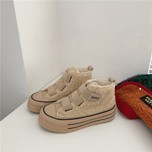  Autumn/Winter Plush Warm High-Top Canvas Shoes for Women, Hong Kong Style, Original Style, Magic Tape Cotton Shoes, Korean Version, Street Style, Versatile Shoes