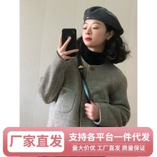 Ws韩系复古大衣女短款圆领单排扣小个子毛呢外套2023春秋新款