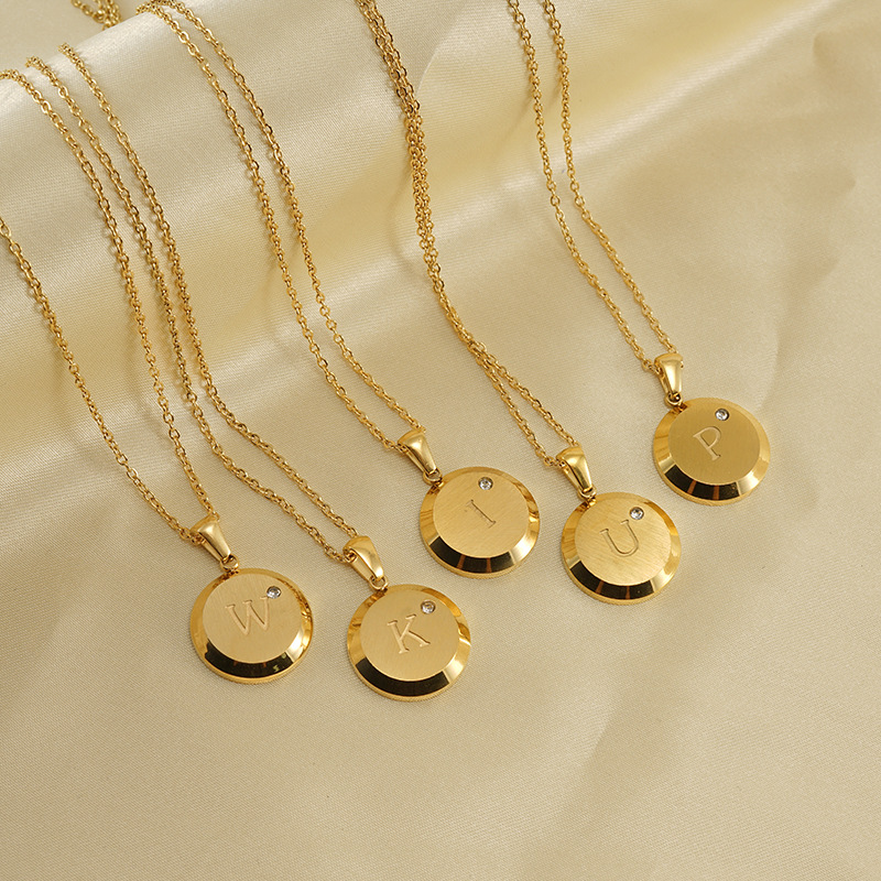 10g Weight PVD Coated Gold Plating Process 18K Gold Plated Plating Material Fashion Round Letter Stainless Steel Titanium Steel Inlay Zircon Pendant Necklace 1 Piece