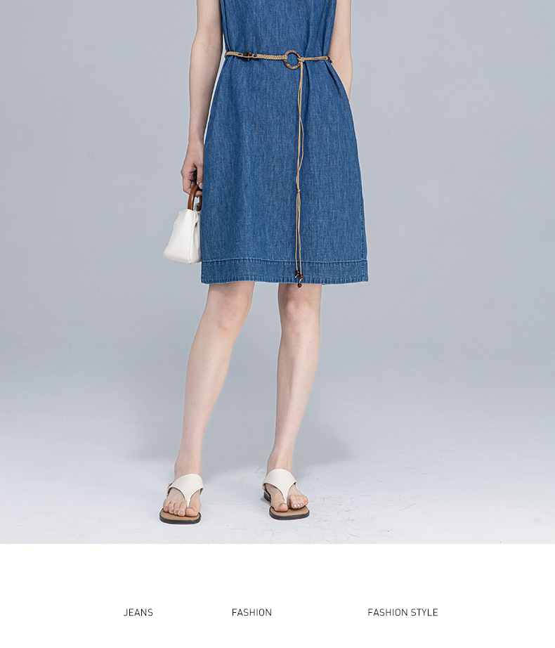Váy denim ống thẳng cổ tròn không tay dáng rộng — Màu xanh lam chi tiết 19