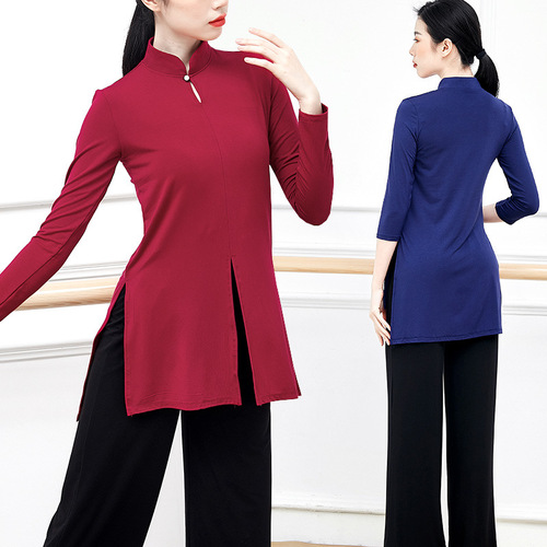 Women's square classical modern dance cheongsam high stand collar Tai Chi slit crotch top adult art exam dance practice clothes