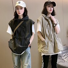 薄款休闲宽松连帽马甲女春秋坎肩马夹外搭背心无袖冲锋衣工装外套